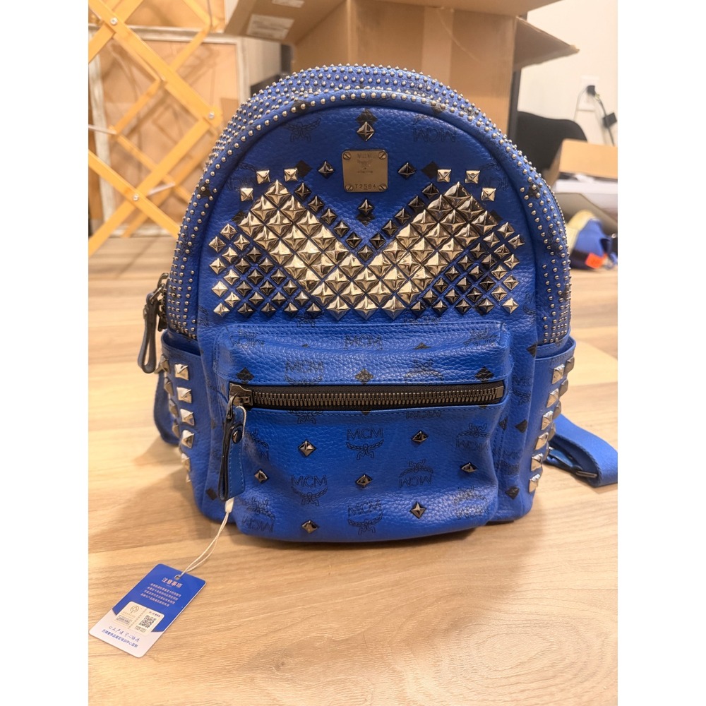 MCM Stark Bebe Boo Backpack Blue Visetos Studded Small Bag T2584